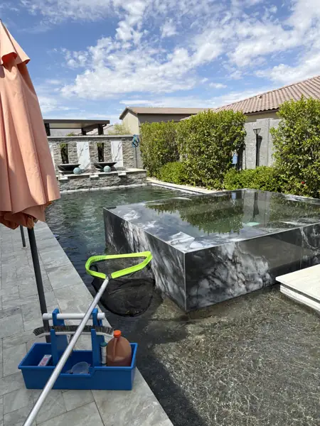 Spencer's caddy and skimmer net beside a clean pool with a water feature